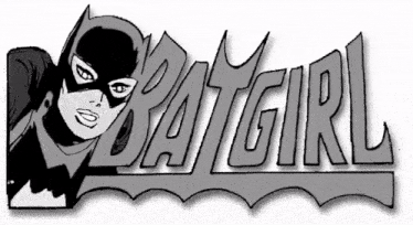 a black and white drawing of batgirl with the words batgirl below her