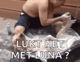 a man is giving a dog a bath in a bathtub .