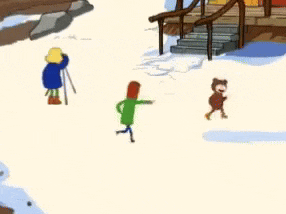 a cartoon of a man taking a picture of a woman and a bear in the snow