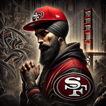 a man with a beard is wearing a red hat with the letter s on it