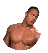 a shirtless man with a surprised look on his face is standing in a circle on a white background .