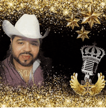 a man wearing a cowboy hat and a necklace with the letter m on it