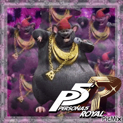 a picture of a rat wearing a hat and chains with a persona 5 royal logo behind it