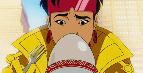 a cartoon character holding a fork and a bowl
