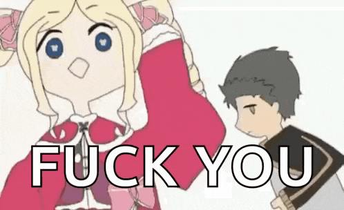a cartoon of a girl and a boy with the words `` fuck you '' written on it .
