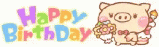 a pig is holding a bouquet of flowers in front of the words happy birthday .
