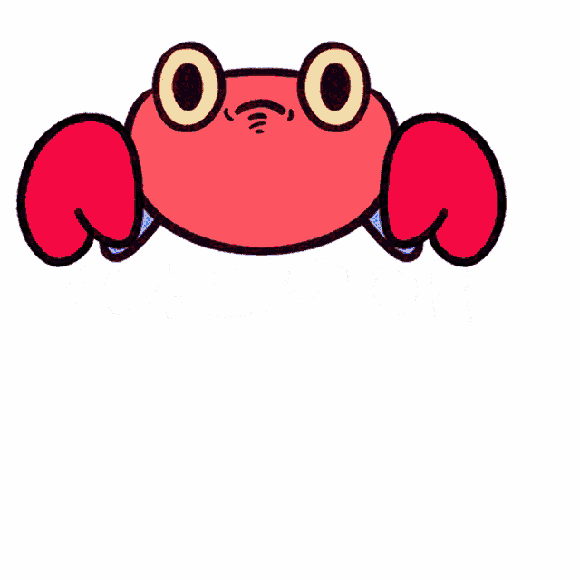 a cartoon drawing of a red crab with yellow eyes and claws