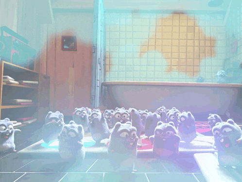 a bunch of stuffed animals in a room with a bathtub in the background