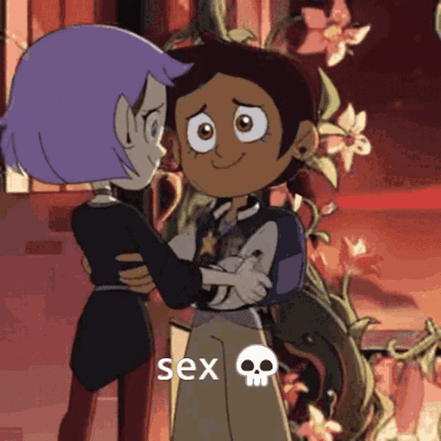 a couple of cartoon characters standing next to each other with a skull on the bottom right corner that says sex