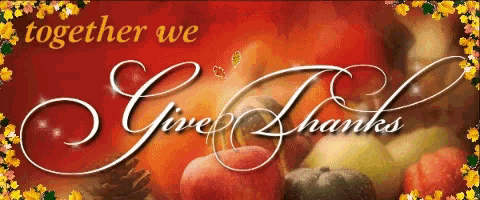 a sign that says together we give thanks with pumpkins in the background