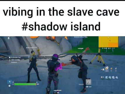 a screenshot of a video game with the words vibing in the slave cave #shadow island at the top