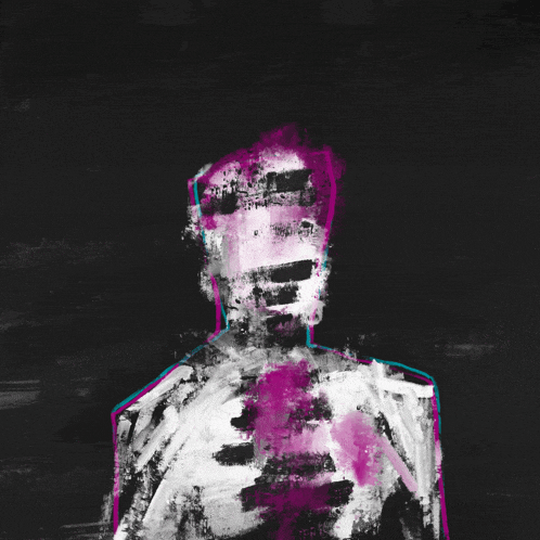 a painting of a skeleton with a purple and blue glow