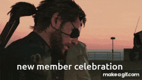 a man wearing an eye patch and a ponytail has the words new member celebration below him