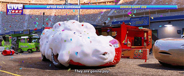 lightning mcqueen from cars is covered in foam and confetti