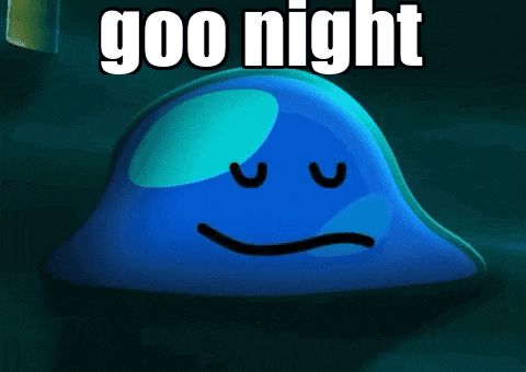 a blue blob with a face and the words goo night written above it