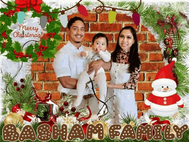 a family posing for a christmas photo with the words merry christmas written above them