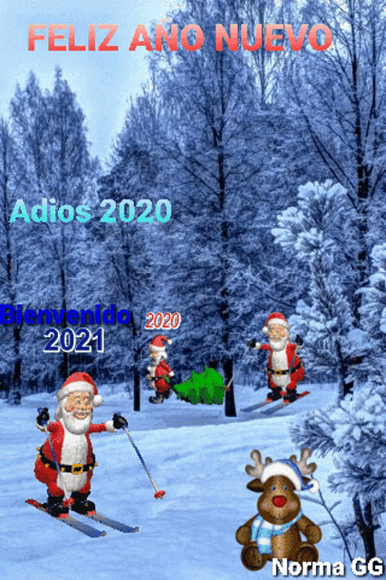 a christmas card with santa claus and a reindeer in the snow