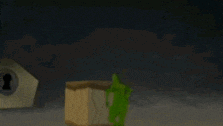 a cartoon frog is sitting in a wooden box in the dark .