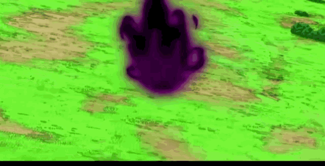 a purple monster is flying through a green field .