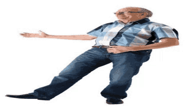 an elderly man in a plaid shirt and jeans is standing on one leg .