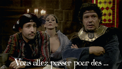 a man and a woman are sitting at a table with the words vous allez passer pour des