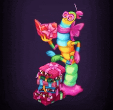 a colorful cartoon character is holding a gift and standing next to a pile of presents