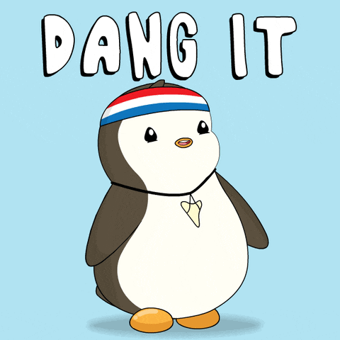 a penguin wearing a red white and blue headband with the words dang it written above it