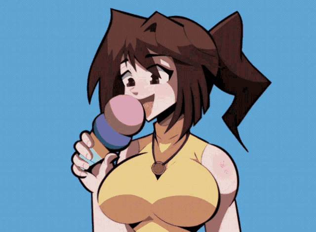 a cartoon drawing of a girl eating a pink and purple ice cream cone