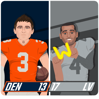 a cartoon of two football players with den 13 17 lv written below them