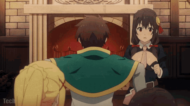 a group of anime characters are standing in front of a fireplace with tech written on the bottom right