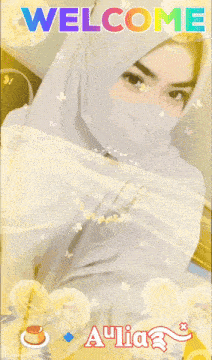 a woman wearing a hijab is surrounded by the words welcome