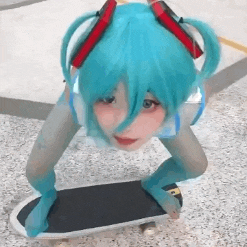 a girl in a miku costume is riding a skateboard .