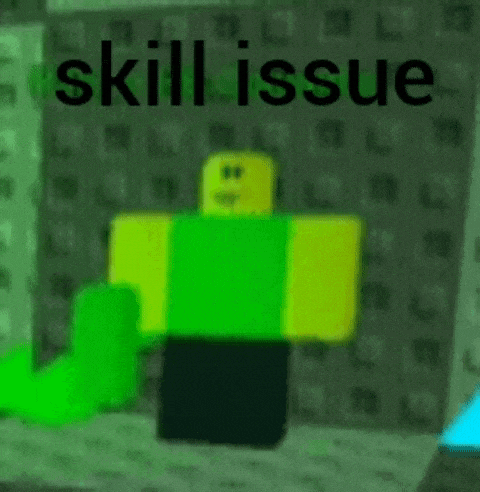 a green robot is standing in a dark room with the words `` skill issue '' written on it .