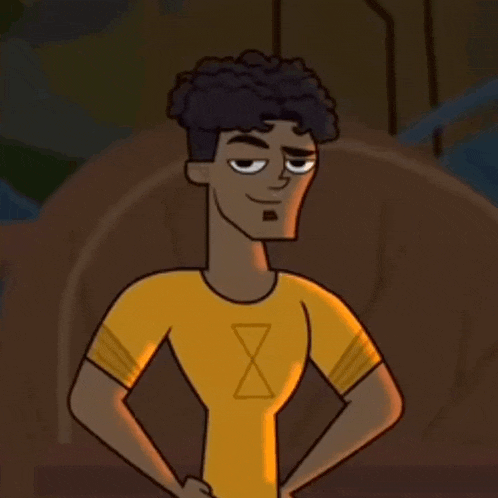 a cartoon man wearing a yellow shirt with a hourglass on it