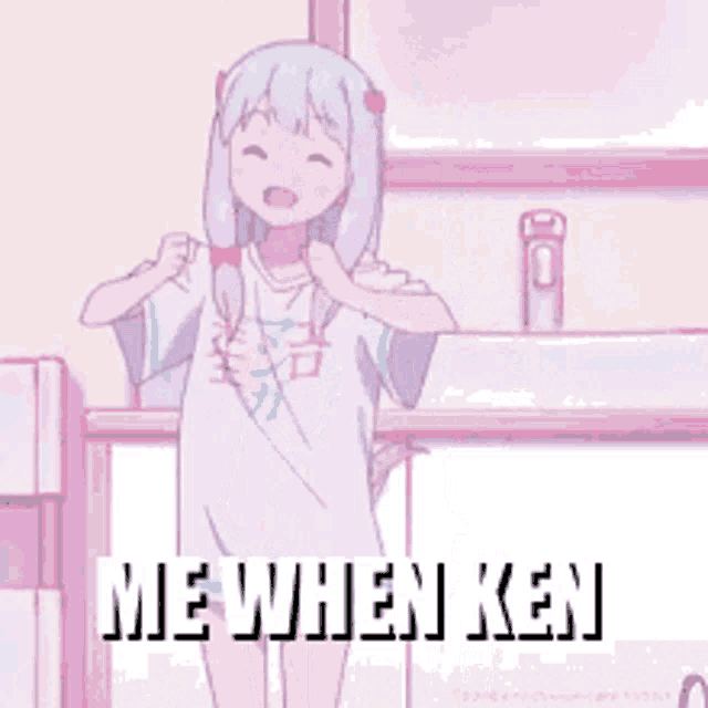 a girl is standing in a room with the words `` me when ken '' written on the bottom of the image .