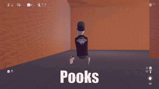 a person in a red shirt with the word pooks on the bottom