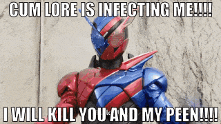 a robot with the words cum lore is infecting me and i will kill you and my peen