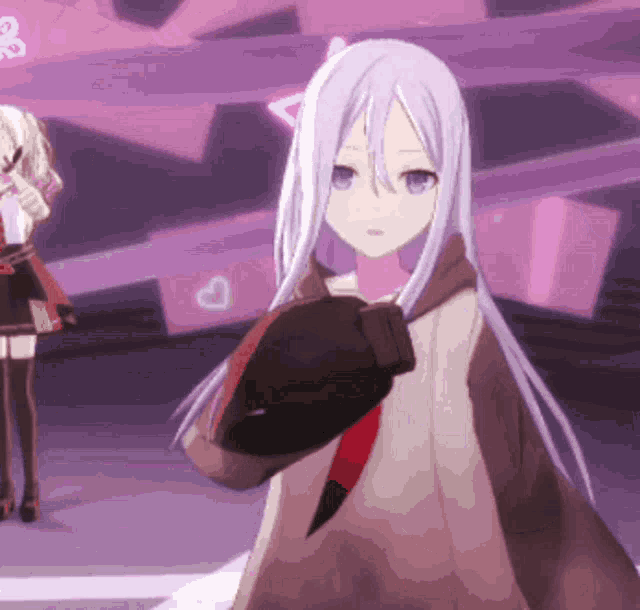 a girl with long white hair is wearing a glove