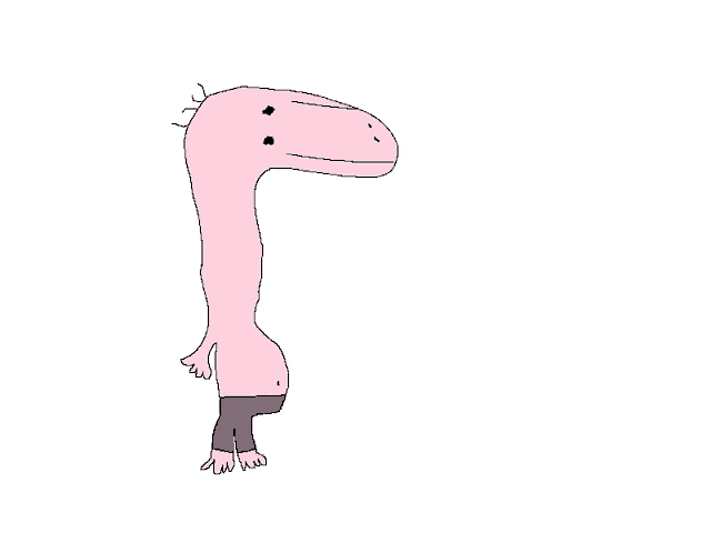 a cartoon drawing of a pink dinosaur wearing a hat and scarf