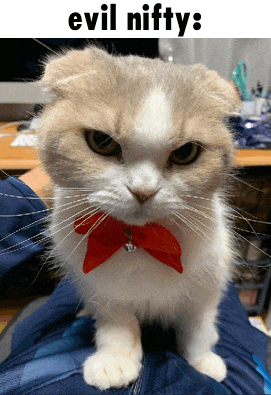 a cat wearing a red bow tie is sitting on someone 's lap and the caption says evil nifty