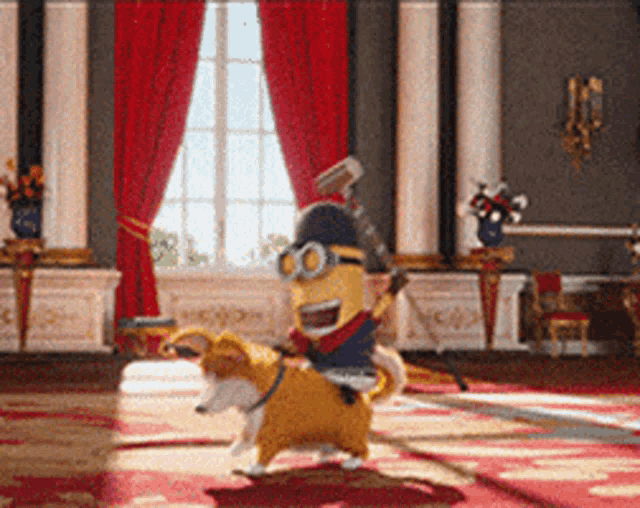 a minion is riding a dog in a living room .