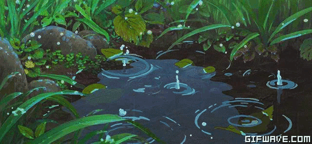 a pixel art of rain drops falling into a pond with the website gifwave.com at the bottom