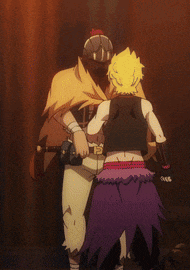 two anime characters are standing next to each other and one has a purple tail