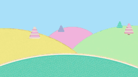 a bunch of cartoon animals are walking on a grassy hill