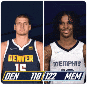two basketball players one from denver and one from memphis are standing next to each other