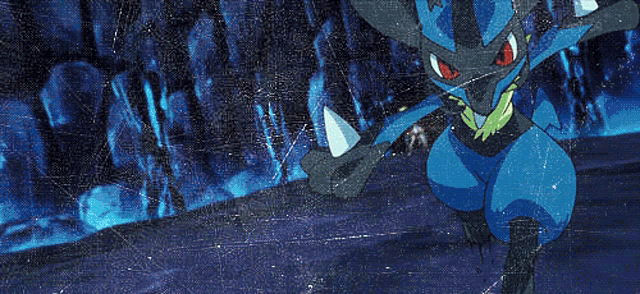 a blue and black cartoon character with red eyes and a green collar