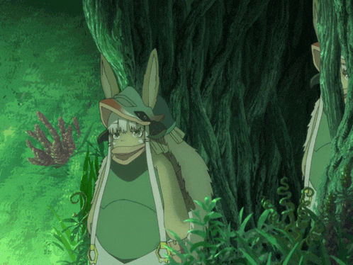 a cartoon character standing next to a tree with a green background