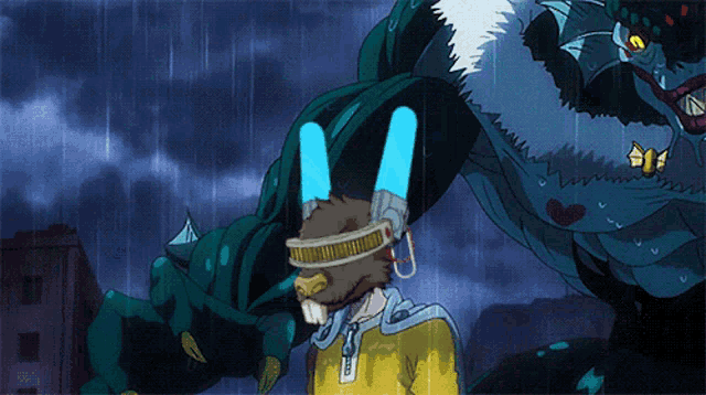 a cartoon of a man wearing a bunny headband standing in front of a monster