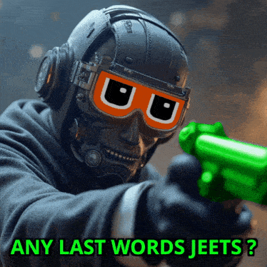 a person wearing a helmet and goggles with the words any last words jeets written below them
