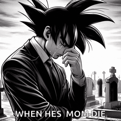 a black and white drawing of a man in a suit crying in a cemetery with the caption when hes mom die